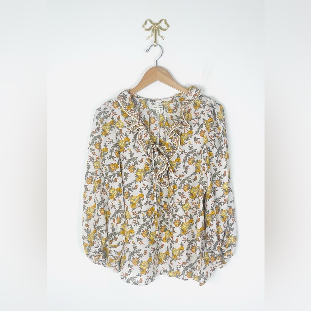 Max Studio Ditzy Floral Boho‎ V Neck Puff Sleeve Flowy Top.